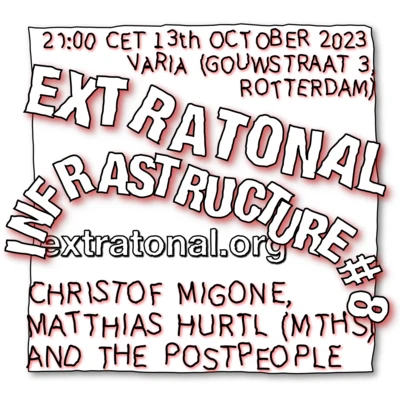 Flyer of the event Extratonal Infrastructure #8: Christof Migone, Matthias Hurtl (MTHS) and the Postpeople